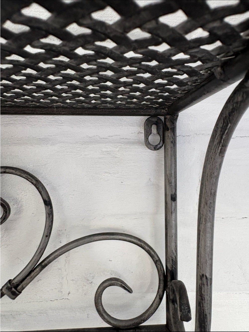 Black Wrought Iron Wall Shelf with Hooks and Decorative Blue Plate - Picture 9 of 12